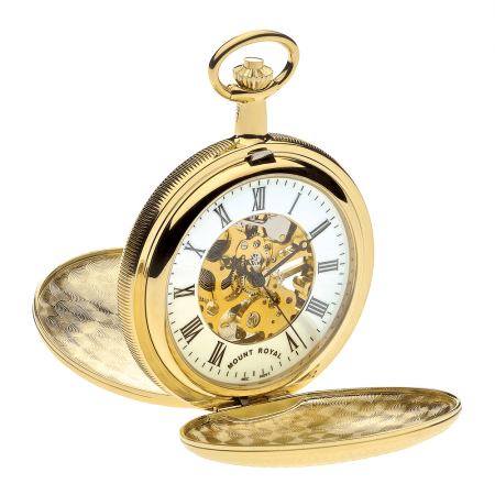 Gold Plated Double Hunter B21 Skeleton Pocket Watch
