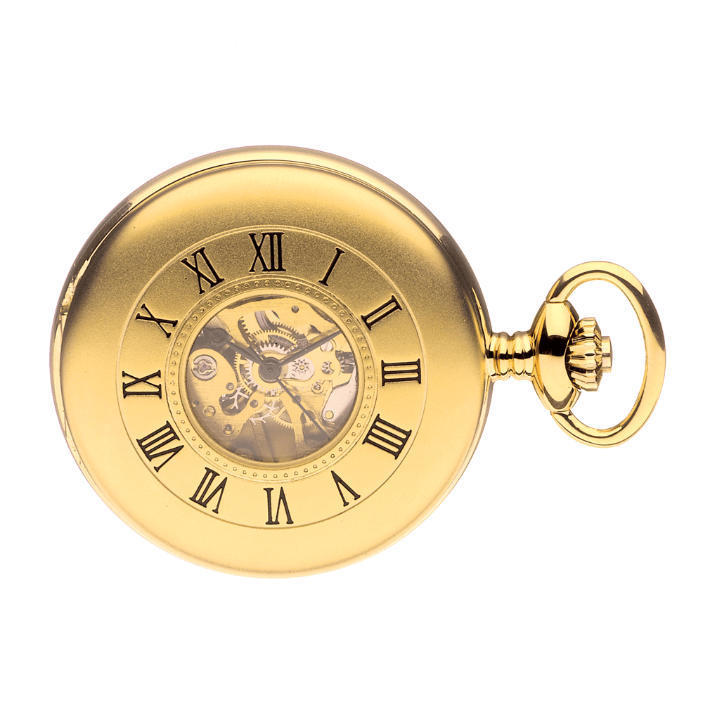 Gold Plated Half Hunter B25 Skeleton Pocket Watch