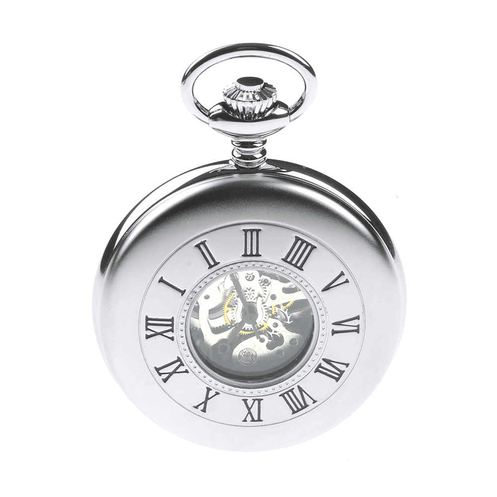 Chrome Plated Half Hunter B26 Skeleton Pocket Watch